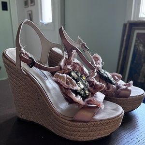 Vera Wang wedges with pink straps and rhinestones